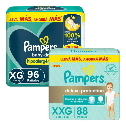 Imagen 1 de 4 de Combo x2 Pañales Pampers combinación Deluxe Proteccion XXG x 88u + Babydry XG x 96u