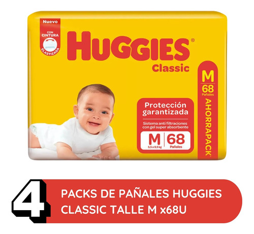 Imagen 2 de 3 de Combo x4 Pañales Huggies Classic M x 68u