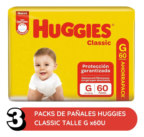 Imagen 2 de 3 de Combo x3 Pañales Huggies Classic G x 60u