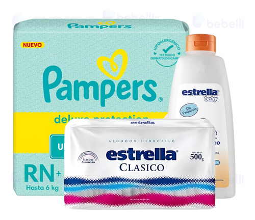 Imagen 1 de 5 de Combo Pañales Pampers Deluxe RN x 56u + Algodón clásico 500gr + Óleo calcáreo 950ml