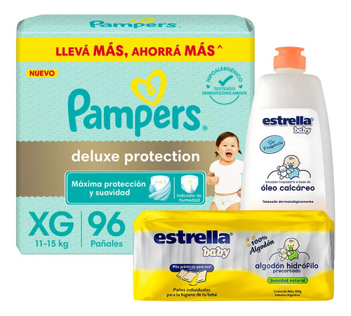 Imagen 1 de 5 de Combo Pañales Pampers Deluxe XG x 96u + Algodón precortado 100g + Óleo calcáreo 500ml