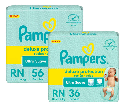 Imagen 1 de 4 de Combo x2 Pañales Pampers Deluxe Protection Recien Nacido 36u + 56u