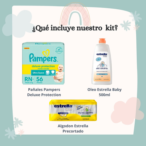 Imagen 2 de 5 de Combo Pañales Pampers Deluxe RN x 56u + Algodón precortado + Óleo Calcáreo