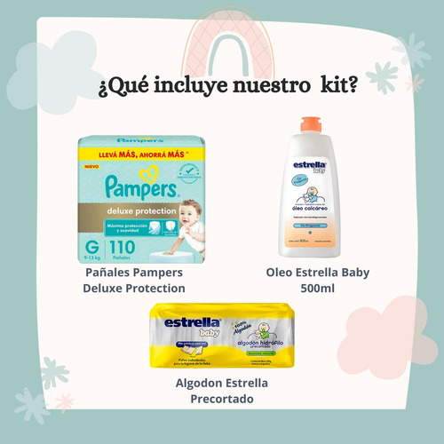 Imagen 2 de 5 de Combo Pañales Pampers Deluxe G x 110u + Algodón precortado + Óleo calcáreo