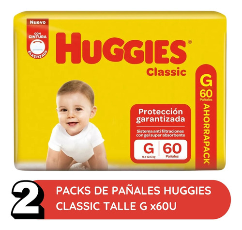 Imagen 2 de 3 de Combo x2 Pañales Huggies Classic G x 60u