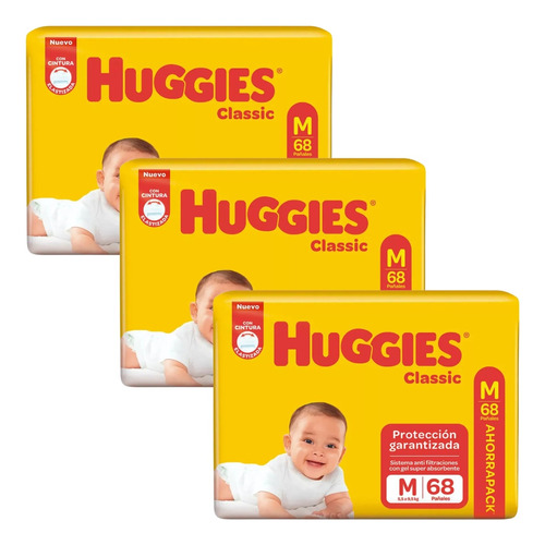 Imagen 1 de 3 de Combo x3 Pañales Huggies Classic M x 68u