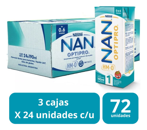 Imagen 1 de 3 de Combo x72 Leche Liquida Nan Optipro 1 Brick 190ml