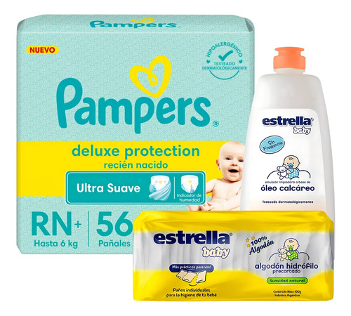 Imagen 1 de 5 de Combo Pañales Pampers Deluxe RN x 56u + Algodón precortado + Óleo Calcáreo