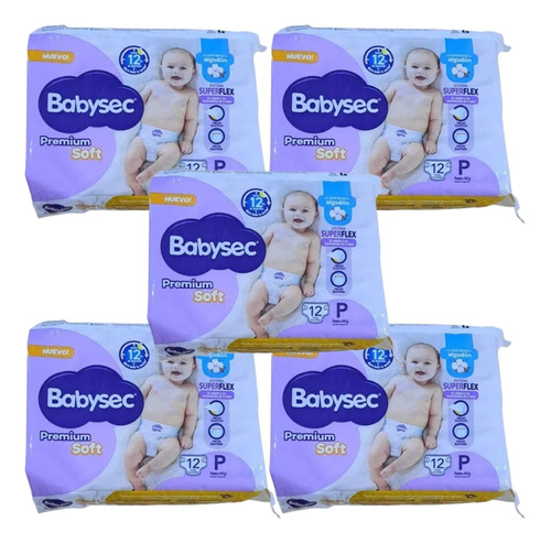 Imagen 1 de 3 de Combo x5 Pañales Babysec Premium Soft P x 12u