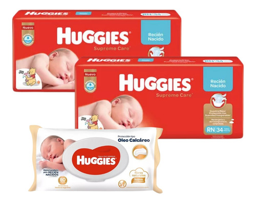 Imagen 1 de 5 de Combo x2 Pañales Huggies Supreme Care RN x 34u + Toallitas húmedas con óleo calcáreo x 80u