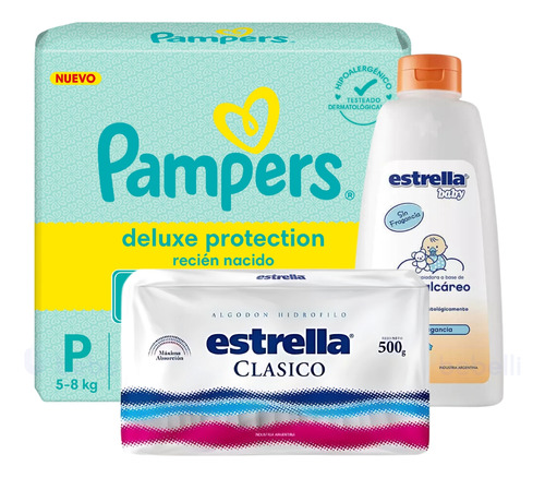 Imagen 1 de 5 de Combo Pañales Pampers Deluxe Protection P x 36u + Algodón clásico 500gr + Óleo calcáreo 950ml