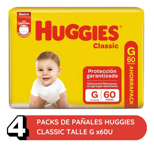 Imagen 2 de 3 de Combo x4 Pañales Huggies Classic G x 60u