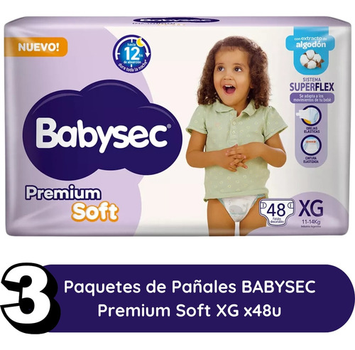 Imagen 2 de 2 de Combo x3 Pañales Babysec Premium Soft XG x 48u