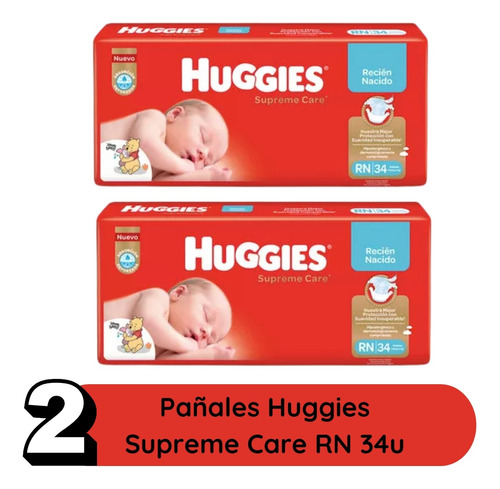 Imagen 2 de 5 de Combo x2 Pañales Huggies Supreme Care RN x 34u + Toallitas húmedas con óleo calcáreo x 80u