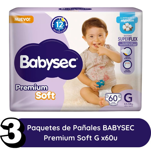 Imagen 2 de 2 de Combo x3 Pañales Babysec Premium Soft G x60u