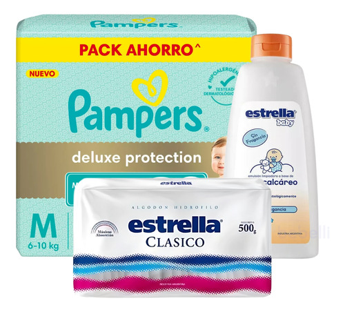 Imagen 1 de 5 de Combo Pañales Pampers Deluxe Protection M x 72u + Algodón clásico 500gr + Óleo calcáreo 950ml