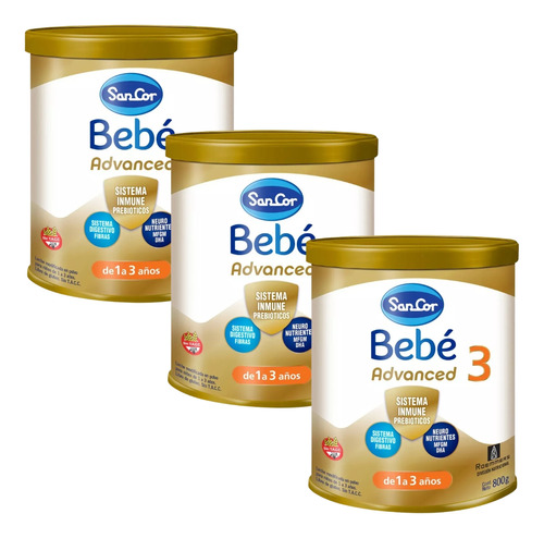 Imagen 1 de 4 de Combo x3 Leche en Polvo Sancor Bebe Advanced 3 lata x 800g