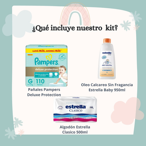 Imagen 2 de 5 de Combo Pañales Pampers Deluxe Protection G x 110u + Algodón clásico 500gr + Óleo calcáreo 950ml