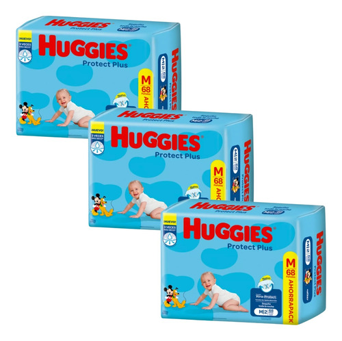 Imagen 1 de 9 de Combo x3 Pañales Huggies Protect Plus M x 68u