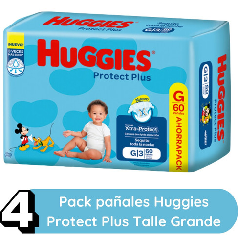 Imagen 2 de 9 de Set 4 Pack Pañales Huggies Protect Plus Grande Talle G