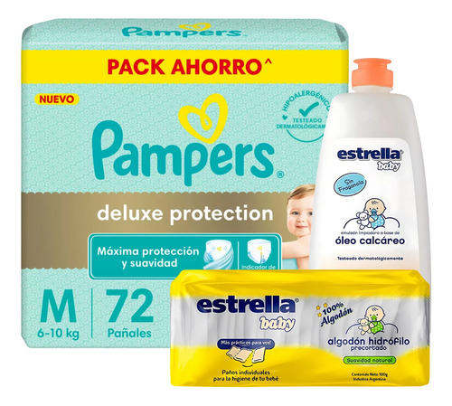 Imagen 1 de 5 de Combo Pañales Pampers Deluxe M x 72u + Algodón precortado + Óleo calcareo