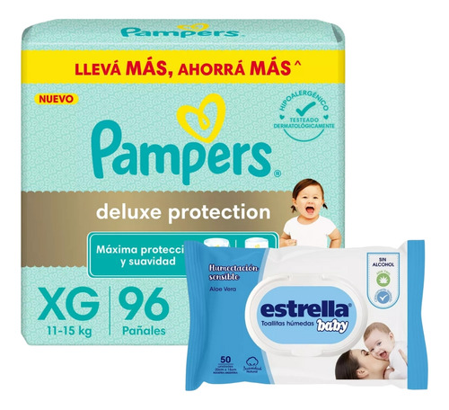 Imagen 1 de 4 de Combo Pañales Pampers Deluxe Protection XG x 96u + Toallitas húmedas Estrella x 50u