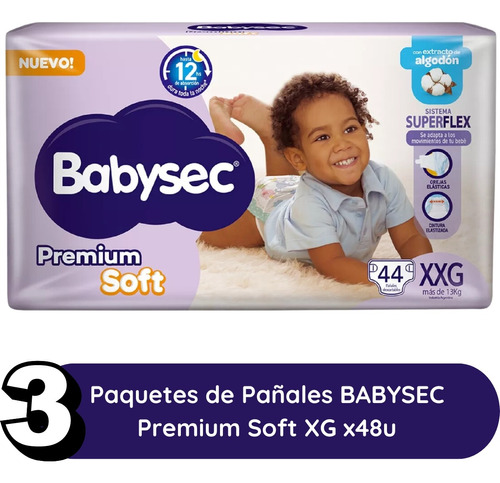 Imagen 2 de 2 de Combo x3 Pañales Babysec Premium Soft XXG x 44u