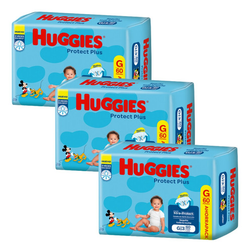 Imagen 1 de 9 de Set 3 Pack Pañales Huggies Protect Plus Grande Talle G