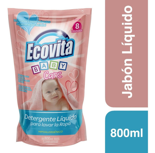 Imagen 1 de 5 de Jabon Liquido Ecovita Baja Espuma Baby Care Doypack X 800 Ml