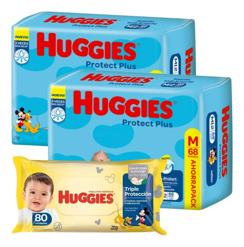 Imagen 1 de 1 de Combo x2 Pañales Huggies Protect Plus + Toallitas húmedas triple protección x 80u
