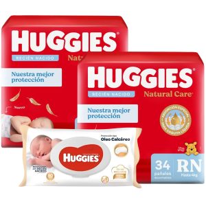 COMBO HUGGIES: 2 PAQUETES DE PAÑALES NATURAL CARE TALLE RECIEN NACIDO (RN) X 34 + TAOLLITAS HUMEDAS TIPO OLEO DE 80 UNIDADES