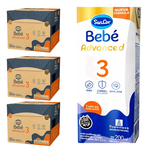 Imagen 1 de 4 de Combo x36 Leche Liquida Sancor Bebe Advanced 3 Brick 200 Ml