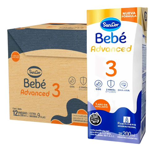 Imagen 1 de 4 de Combo x12 Leche Liquida Sancor Bebe Advanced 3 Brick 200 Ml