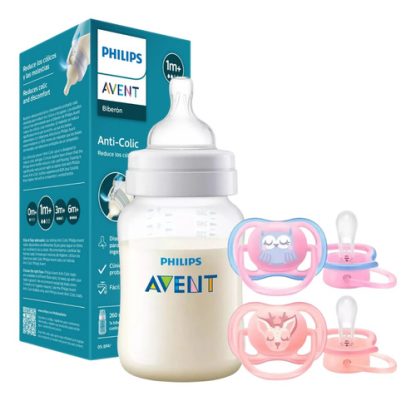Imagen 1 de 1 de Set Mamadera Anticolic 260ml + 2 Chupetes Avent Ultra Air
