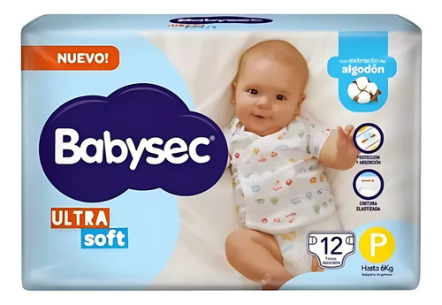 Imagen 2 de 2 de Pañales Descartables Babysec Ultrasoft Talle Pequeño P 12 U