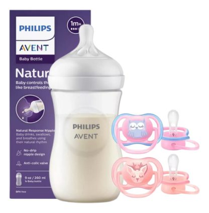 Imagen 1 de 1 de Mamadera Avent Natural 260ml + 2 Chupetes Avent Ultra Air