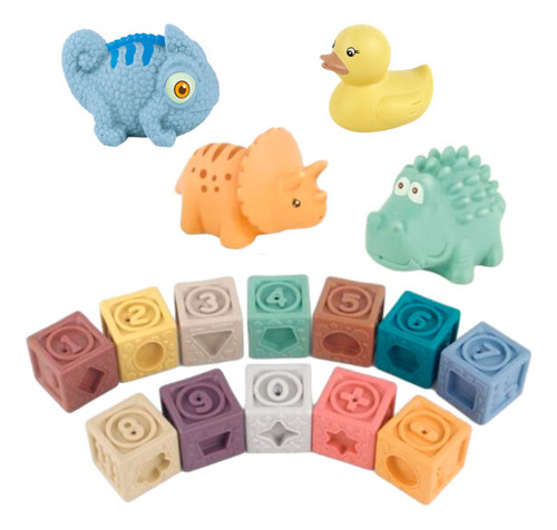 Imagen 2 de 7 de Juego Didactico De Goma Blanda Cubos Y Animalitos Para Bebe Color Pastel