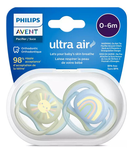 Imagen 3 de 4 de Chupete Philips Avent Ultra Air Scf085/58 X2u 0-6 Meses (Arcoiris - Sol)