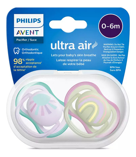 Imagen 3 de 3 de Chupete Philips Avent Ultra Air Scf085/59 X2u 0-6 Meses (Arcoiris - Sol)