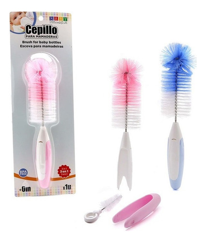 Imagen 2 de 2 de Cepillo Limpia Mamadera Tetina + Pinza Baby Innovation 3 en 1