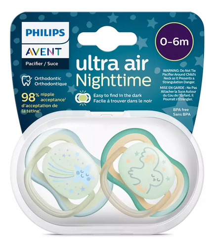 Imagen 1 de 4 de Chupete Philips Avent Ultra Air Scf376/18 Silicona Night Time Brilla en la Oscuridad