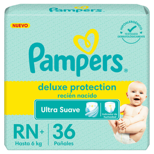 Imagen 1 de 8 de Pañales Pampers Deluxe Protection Recién Nacido Talle RN+ x36 Unidades