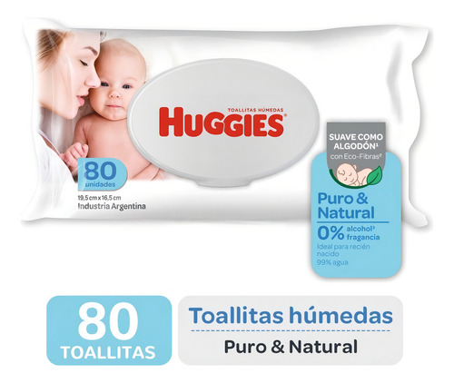 Imagen 1 de 7 de Toallitas Húmedas Huggies Puro Y Natural 80 Unidades