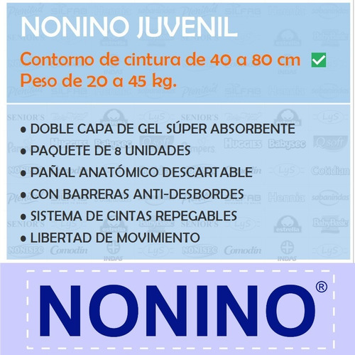 Imagen 2 de 3 de Pañales Descartables Anatómicos Nonino Juveniles x 8 unidades