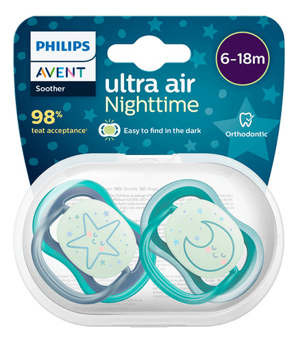 Imagen 5 de 6 de Chupete Philips Avent Ultra Air SCF376/13 Brilla En La Oscuridad 6-18m