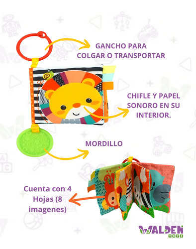 Imagen 4 de 4 de Libro Didáctico Tela Librito Que Cruje Para Bebé Mordillo Color Multicolor Animales Woody Toys