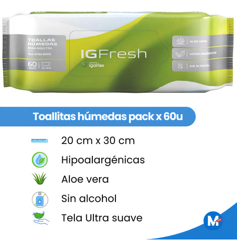 Imagen 2 de 4 de Toallitas Húmedas IG Fresh con Aloe Vera x 60 unidades