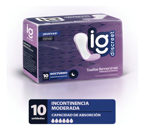 Imagen 1 de 5 de Toallitas Femenimas Discreet Nocturna x 10 unidades