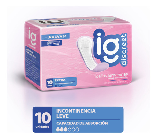 Imagen 1 de 6 de Toallas Femeninas Ig Discreet Incontinencia Leve  Extra x 10 unidades