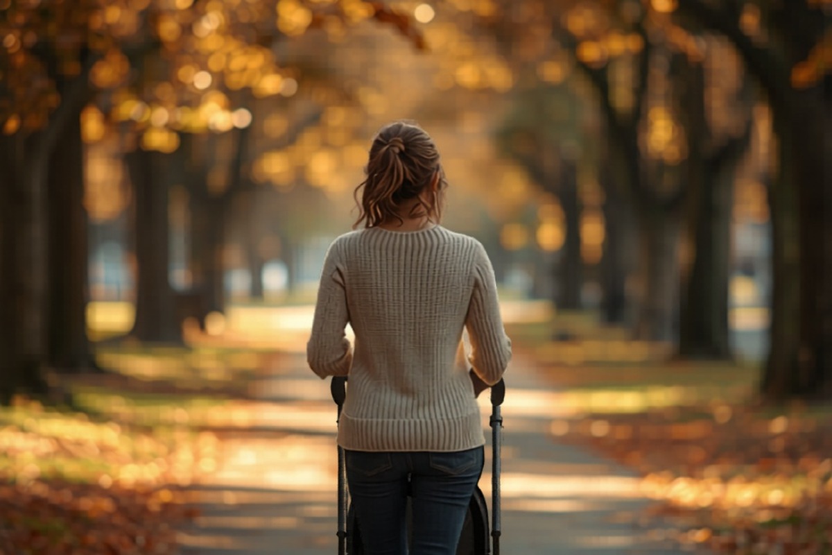 Mamá paseando a su bebé con cochecito en parque